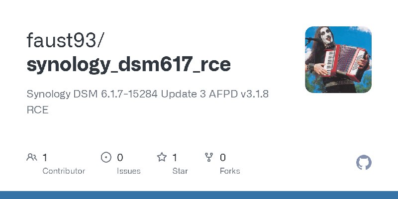 GitHub - faust93/synology_dsm617_rce: Synology DSM 6.1.7-15284 Update 3 AFPD v3.1.8 RCE