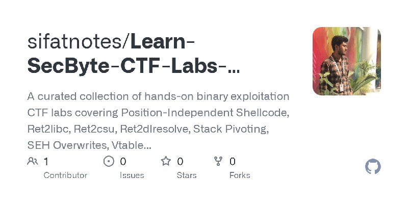 GitHub - sifatnotes/Learn-SecByte-CTF-Labs-Collection-Shellcode-Dev-Ret2libc-ROP-SEH-Overwrite-Practice: A curated collection of…