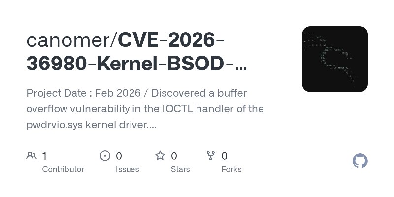 GitHub - canomer/CVE-2026-36980-Kernel-BSOD-DoS-PoC: Project Date : Feb 2026 / Discovered a buffer overflow vulnerability in the…