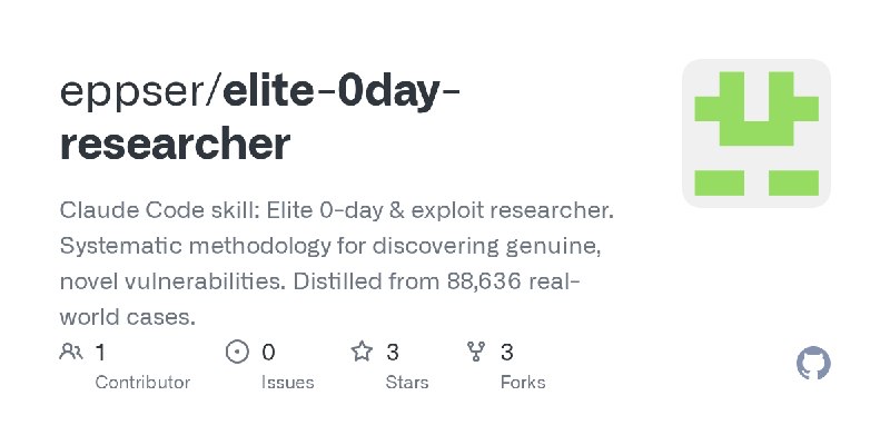 GitHub - eppser/elite-0day-researcher: Claude Code skill: Elite 0-day & exploit researcher. Systematic methodology for discovering…