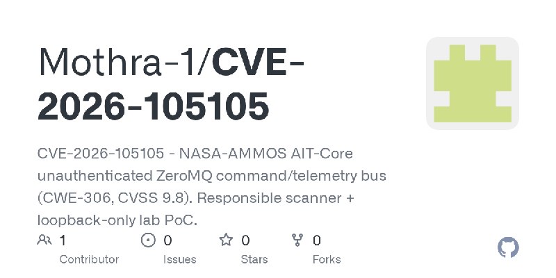 GitHub - Mothra-1/CVE-2026-105105: CVE-2026-105105 - NASA-AMMOS AIT-Core unauthenticated ZeroMQ command/telemetry bus (CWE-306…