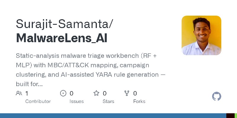 GitHub - Surajit-Samanta/MalwareLens_AI: Static-analysis malware triage workbench (RF + MLP) with MBC/ATT&CK mapping, campaign…