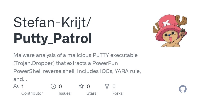 GitHub - Stefan-Krijt/Putty_Patrol: Malware analysis of a malicious PuTTY executable (Trojan.Dropper) that extracts a PowerFun…