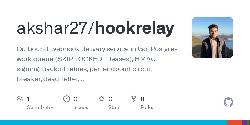GitHub - akshar27/hookrelay: Outbound-webhook delivery service in Go: Postgres work queue (SKIP LOCKED + leases), HMAC signing…