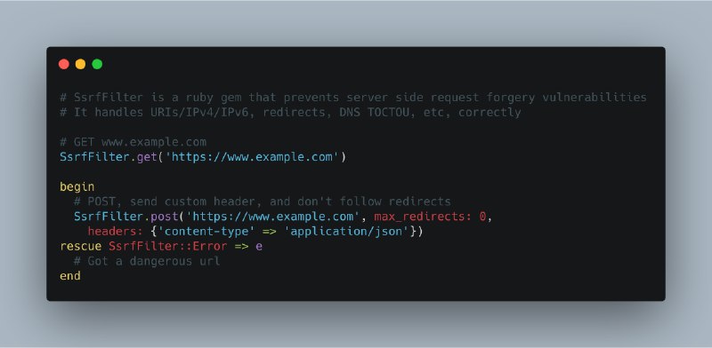 GitHub - arkadiyt/ssrf_filter: A ruby gem for defending against Server Side Request Forgery (SSRF) attacks