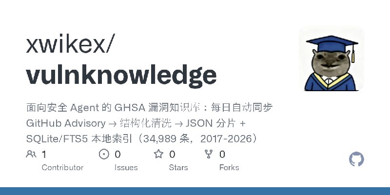 GitHub - xwikex/vulnknowledge: 面向安全 Agent 的 GHSA 漏洞知识库：每日自动同步 GitHub Advisory → 结构化清洗 → JSON 分片 + SQLite/FTS5 本地索引（34,989 条，2017…