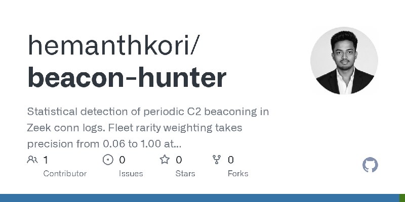 GitHub - hemanthkori/beacon-hunter: Statistical detection of periodic C2 beaconing in Zeek conn logs. Fleet rarity weighting takes…