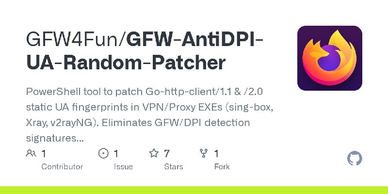 GitHub - GFW4Fun/GFW-AntiDPI-UA-Random-Patcher: PowerShell tool to patch Go-http-client/1.1 & /2.0 static UA fingerprints in VPN/Proxy…