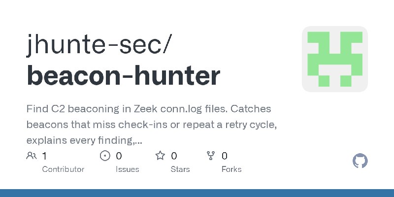 GitHub - jhunte-sec/beacon-hunter: Find C2 beaconing in Zeek conn.log files. Catches beacons that miss check-ins or repeat a retry…