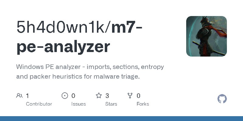 GitHub - 5h4d0wn1k/m7-pe-analyzer: Windows PE analyzer - imports, sections, entropy and packer heuristics for malware triage.