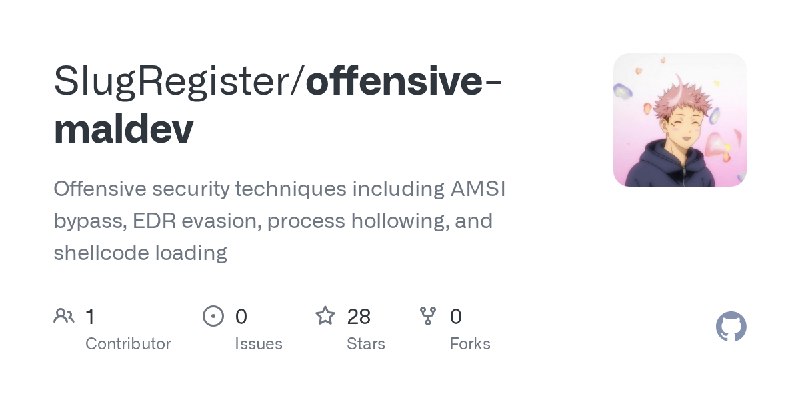 GitHub - SlugRegister/offensive-maldev: Offensive security techniques including AMSI bypass, EDR evasion, process hollowing, and…
