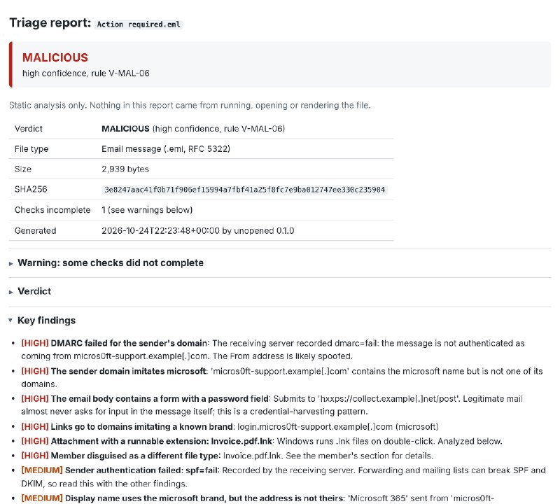 GitHub - aeonstwilight/unopened: Static malware triage for SOC analysts. Never runs the sample.