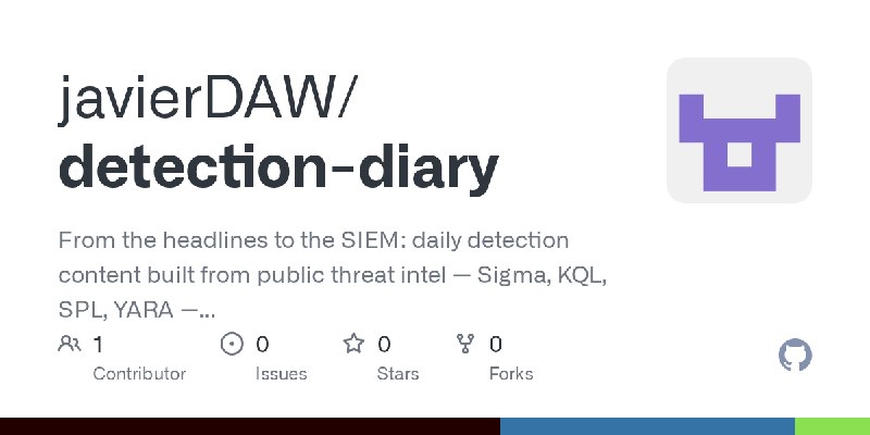 GitHub - javierDAW/detection-diary: From the headlines to the SIEM: daily detection content built from public threat intel — Sigma…