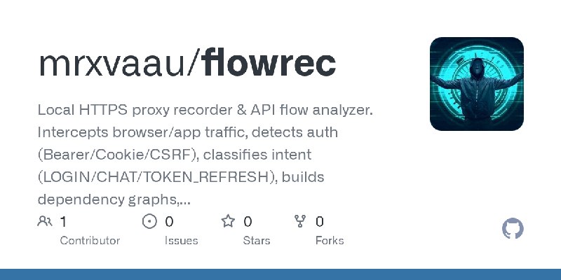 GitHub - mrxvaau/flowrec: Local HTTPS proxy recorder & API flow analyzer. Intercepts browser/app traffic, detects auth (Bearer/Cookie/CSRF)…