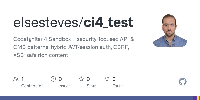 GitHub - elsesteves/ci4_test: CodeIgniter 4 Sandbox – security-focused API & CMS patterns: hybrid JWT/session auth, CSRF, XSS-safe…