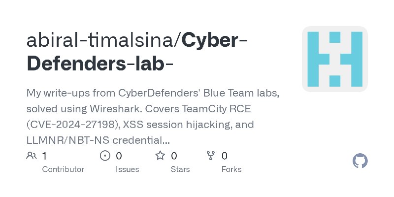 GitHub - abiral-timalsina/Cyber-Defenders-lab-: My write-ups from CyberDefenders' Blue Team labs, solved using Wireshark. Covers…