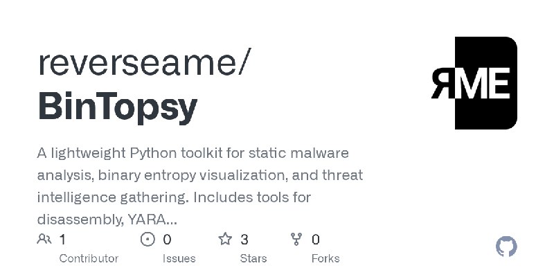 GitHub - reverseame/BinTopsy: A lightweight Python toolkit for static malware analysis, binary entropy visualization, and threat…