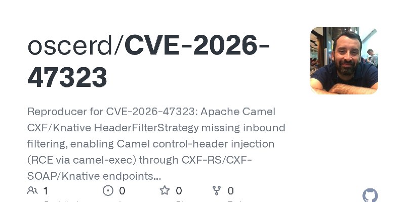 GitHub - oscerd/CVE-2026-47323: Reproducer for CVE-2026-47323: Apache Camel CXF/Knative HeaderFilterStrategy missing inbound filtering…