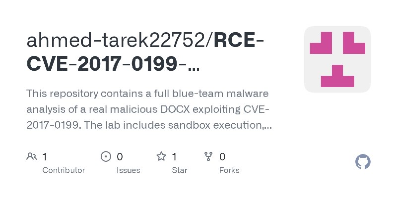 GitHub - ahmed-tarek22752/RCE-CVE-2017-0199-detection-analysis: This repository contains a full blue-team malware analysis of a…