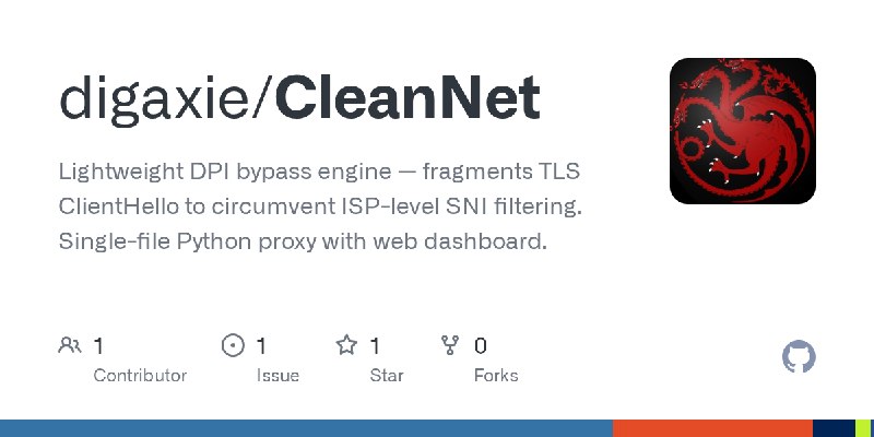 GitHub - digaxie/CleanNet: Lightweight DPI bypass engine — fragments TLS ClientHello to circumvent ISP-level SNI filtering. Single…