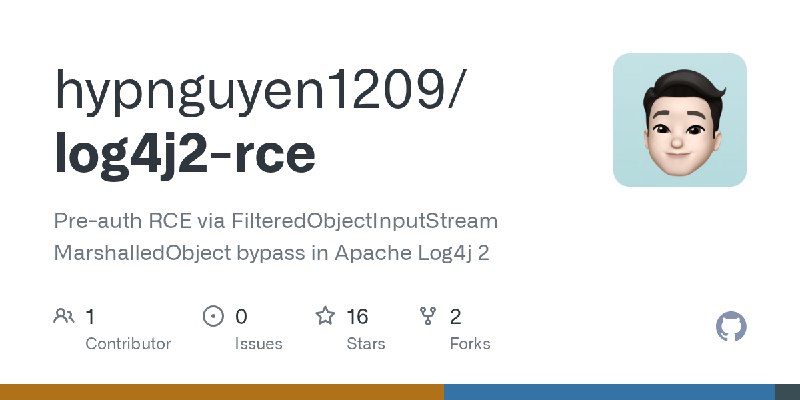 GitHub - hypnguyen1209/log4j2-rce: Pre-auth RCE via FilteredObjectInputStream MarshalledObject bypass in Apache Log4j 2