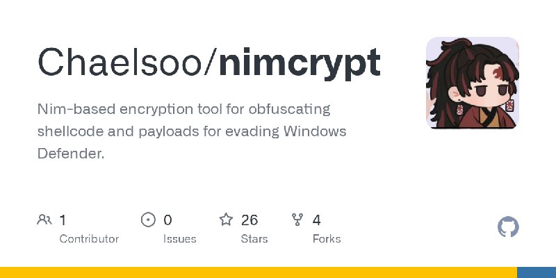 GitHub - Chaelsoo/nimcrypt: Nim-based encryption tool for obfuscating shellcode and payloads for evading Windows Defender.