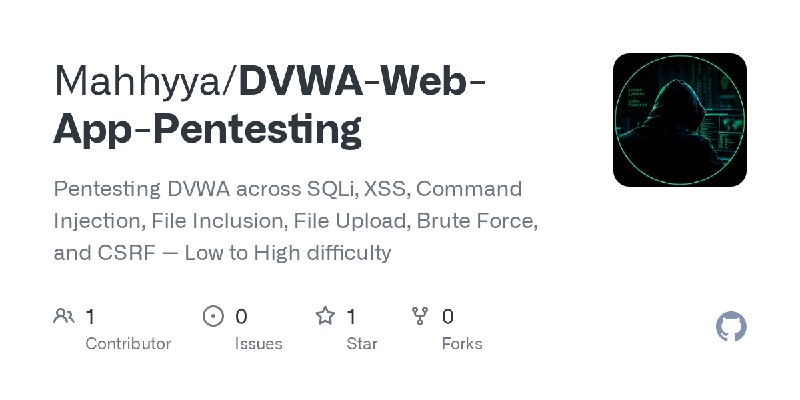 GitHub - Mahhyya/DVWA-Web-App-Pentesting: Pentesting DVWA across SQLi, XSS, Command Injection, File Inclusion, File Upload, Brute…