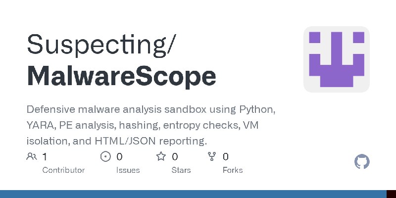 GitHub - Suspecting/MalwareScope: Defensive malware analysis sandbox using Python, YARA, PE analysis, hashing, entropy checks,…