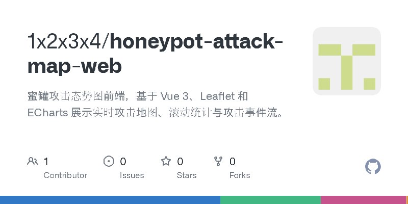 GitHub - 1x2x3x4/honeypot-attack-map-web: 蜜罐攻击态势图前端，基于 Vue 3、Leaflet 和 ECharts 展示实时攻击地图、滚动统计与攻击事件流。