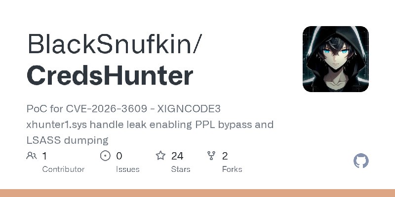 GitHub - BlackSnufkin/CredsHunter: PoC for CVE-2026-3609 - XIGNCODE3 xhunter1.sys handle leak enabling PPL bypass and LSASS dumping