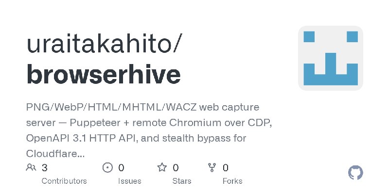 GitHub - uraitakahito/browserhive: PNG/WebP/HTML/MHTML/WACZ web capture server — Puppeteer + remote Chromium over CDP, OpenAPI…