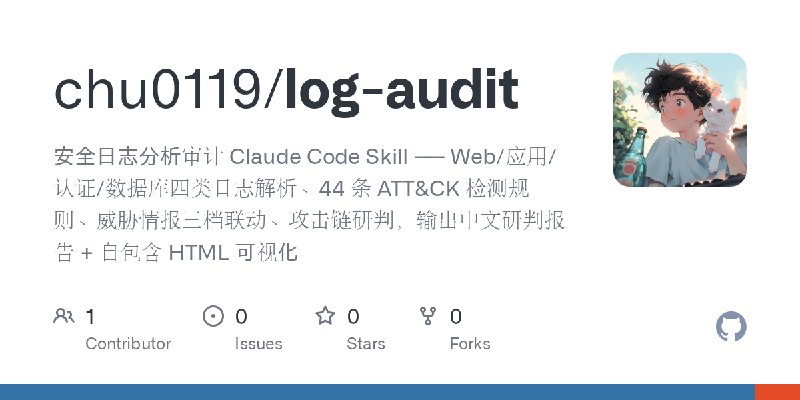 GitHub - chu0119/log-audit: 安全日志分析审计 Claude Code Skill —— Web/应用/认证/数据库四类日志解析、44 条 ATT&CK 检测规则、威胁情报三档联动、攻击链研判，输出中文研判报告 + 自包含 HTML…