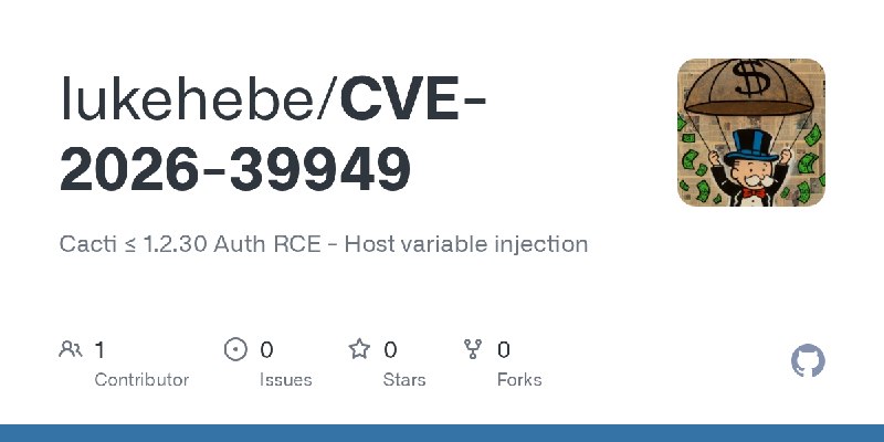 GitHub - lukehebe/CVE-2026-39949: Cacti ≤ 1.2.30 Auth RCE - Host variable injection