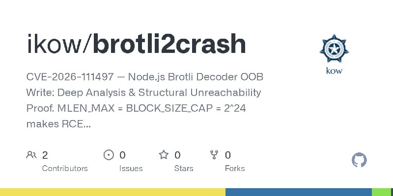 GitHub - ikow/brotli2crash: CVE-2026-111497 — Node.js Brotli Decoder OOB Write: Deep Analysis & Structural Unreachability Proof.…