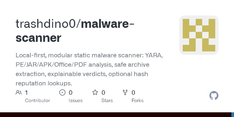 GitHub - trashdino0/malware-scanner: Local-first, modular static malware scanner: YARA, PE/JAR/APK/Office/PDF analysis, safe archive…