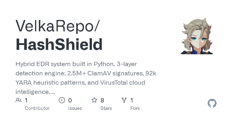 GitHub - VelkaRepo/HashShield: Hybrid EDR system built in Python. 3-layer detection engine: 2.5M+ ClamAV signatures, 92k YARA heuristic…