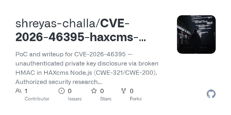 GitHub - shreyas-challa/CVE-2026-46395-haxcms-hmac-key-leak: PoC and writeup for CVE-2026-46395 — unauthenticated private key disclosure…