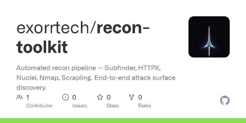 GitHub - exorrtech/recon-toolkit: Automated recon pipeline — Subfinder, HTTPX, Nuclei, Nmap, Scrapling. End-to-end attack surface…