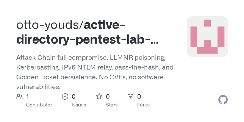 GitHub - otto-youds/active-directory-pentest-lab-advanced: Attack Chain full compromise. LLMNR poisoning, Kerberoasting, IPv6 NTLM…