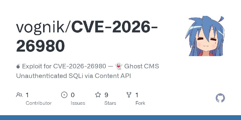 GitHub - vognik/CVE-2026-26980: 💣 Exploit for CVE-2026-26980 — 👻 Ghost CMS Unauthenticated SQLi via Content API