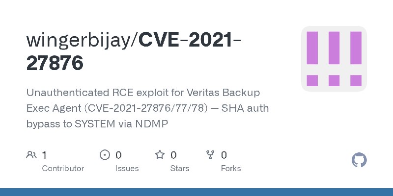 GitHub - wingerbijay/CVE-2021-27876: Unauthenticated RCE exploit for Veritas Backup Exec Agent (CVE-2021-27876/77/78) — SHA auth…