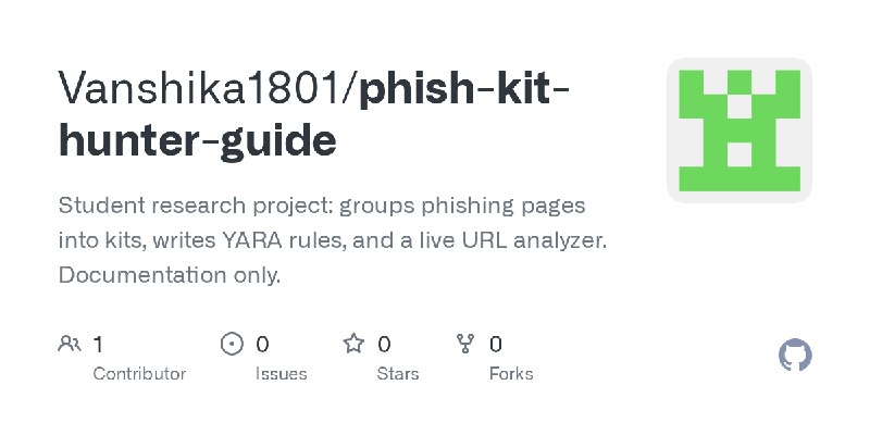 GitHub - Vanshika1801/phish-kit-hunter-guide: Student research project: groups phishing pages into kits, writes YARA rules, and…