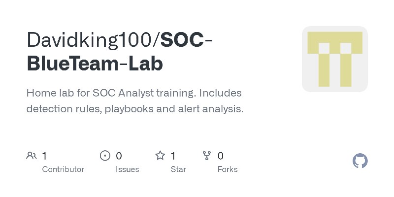GitHub - Davidking100/SOC-BlueTeam-Lab: Home lab for SOC Analyst training.  Includes detection rules, playbooks and alert analysis.