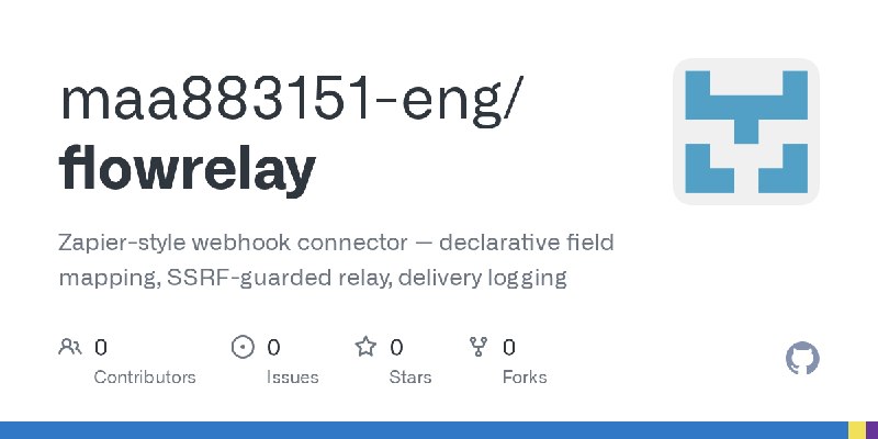 GitHub - maa883151-eng/flowrelay: Zapier-style webhook connector — declarative field mapping, SSRF-guarded relay, delivery logging