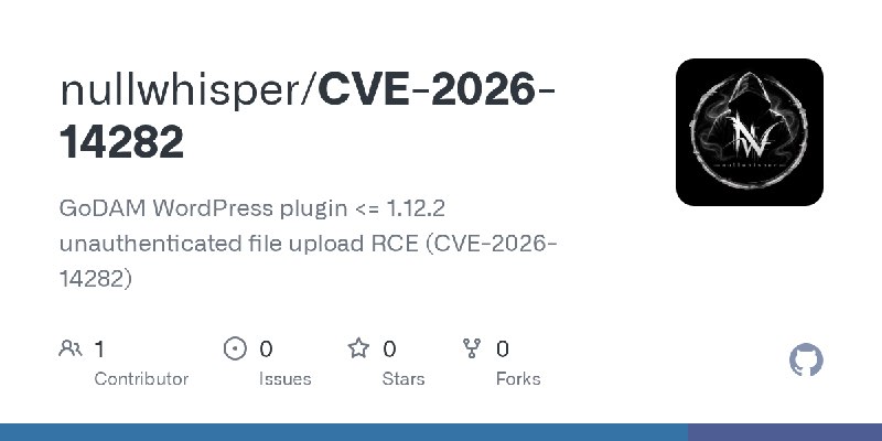 GitHub - nullwhisper/CVE-2026-14282: GoDAM WordPress plugin <= 1.12.2 unauthenticated file upload RCE (CVE-2026-14282)