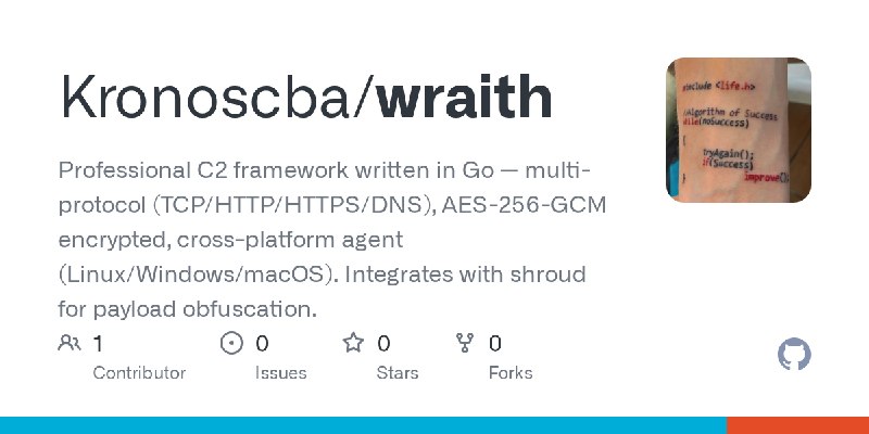 GitHub - Kronoscba/wraith: Professional C2 framework written in Go — multi-protocol (TCP/HTTP/HTTPS/DNS), AES-256-GCM encrypted…