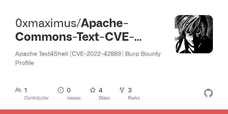 GitHub - 0xmaximus/Apache-Commons-Text-CVE-2022-42889: Apache Text4Shell (CVE-2022-42889) Burp Bounty Profile