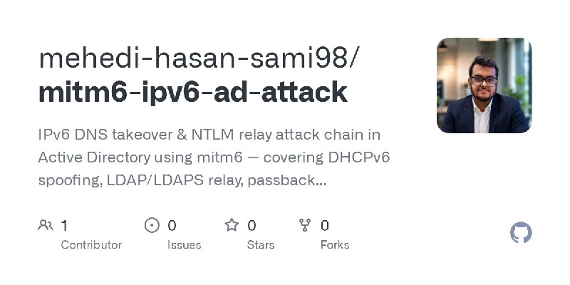 GitHub - mehedi-hasan-sami98/mitm6-ipv6-ad-attack: IPv6 DNS takeover & NTLM relay attack chain in Active Directory using mitm6…
