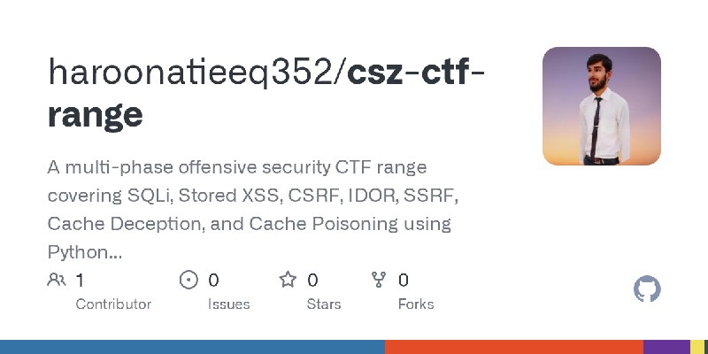 GitHub - haroonatieeq352/csz-ctf-range: A multi-phase offensive security CTF range covering SQLi, Stored XSS, CSRF, IDOR, SSRF…