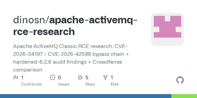 GitHub - dinosn/apache-activemq-rce-research: Apache ActiveMQ Classic RCE research: CVE-2026-34197 / CVE-2026-42588 bypass chain…